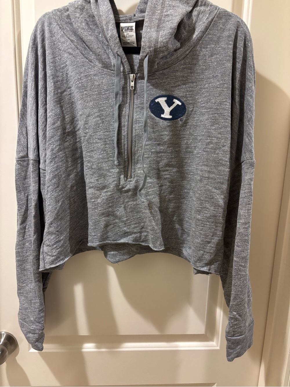 BYU- PINK Victoria's Secret Gray Cropped Quarter‑Zip Hoodie with Navy Y Patch
